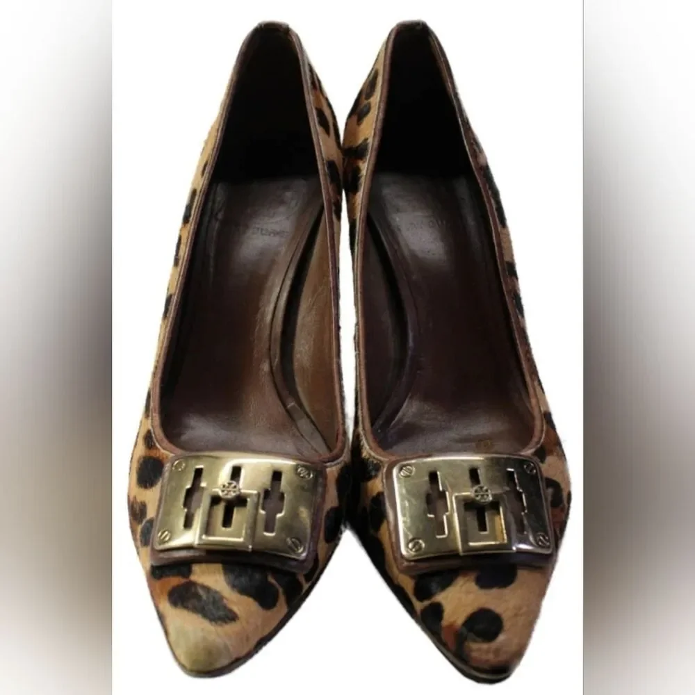 Tory Burch Designer Celina Leopard Animal Print Heels Pump Gold Logo 7